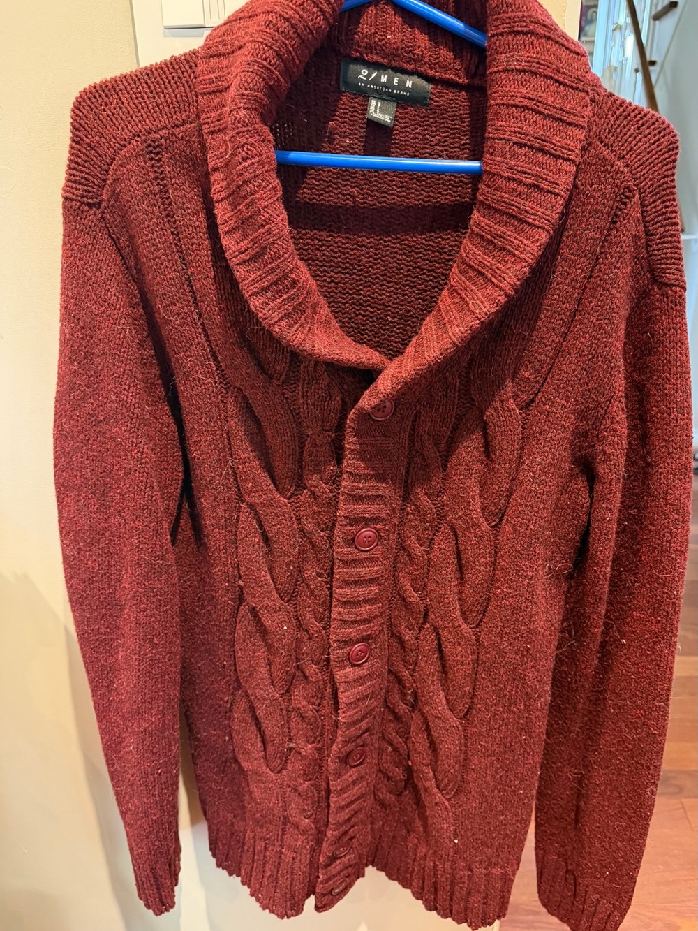 21MEN Shawl-Collar Cable Knit Cardigan - Burgundy Red
